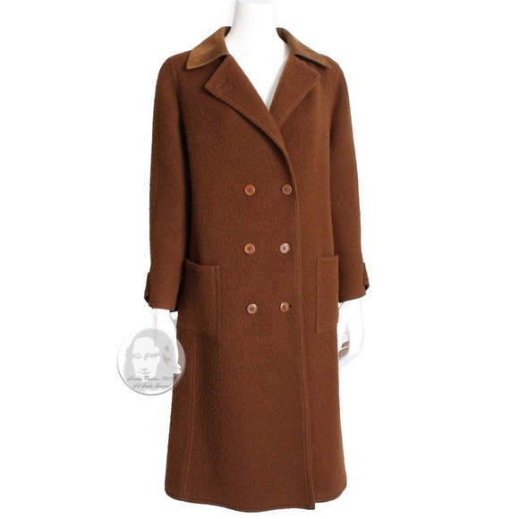 Hermes Brown Double Breasted Suede Leather Trim Trench Style Wool Coat, 1970s - Picture 7 of 11